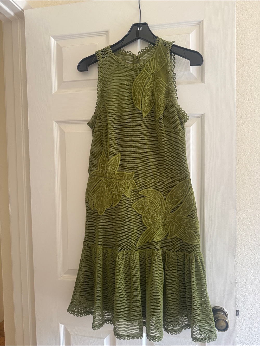 Adrianna Papell Olive Green Floral Appliqué Mesh Dress